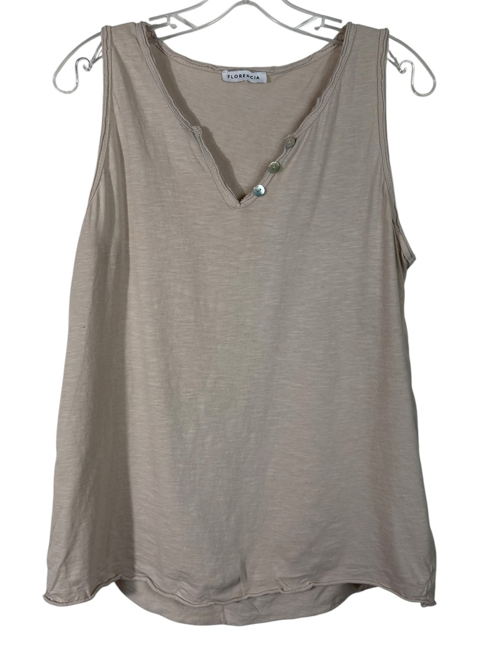 Florencia Light Tan Beige Relaxed Fit Sleeveless Mother of Pearl Button Tank Top